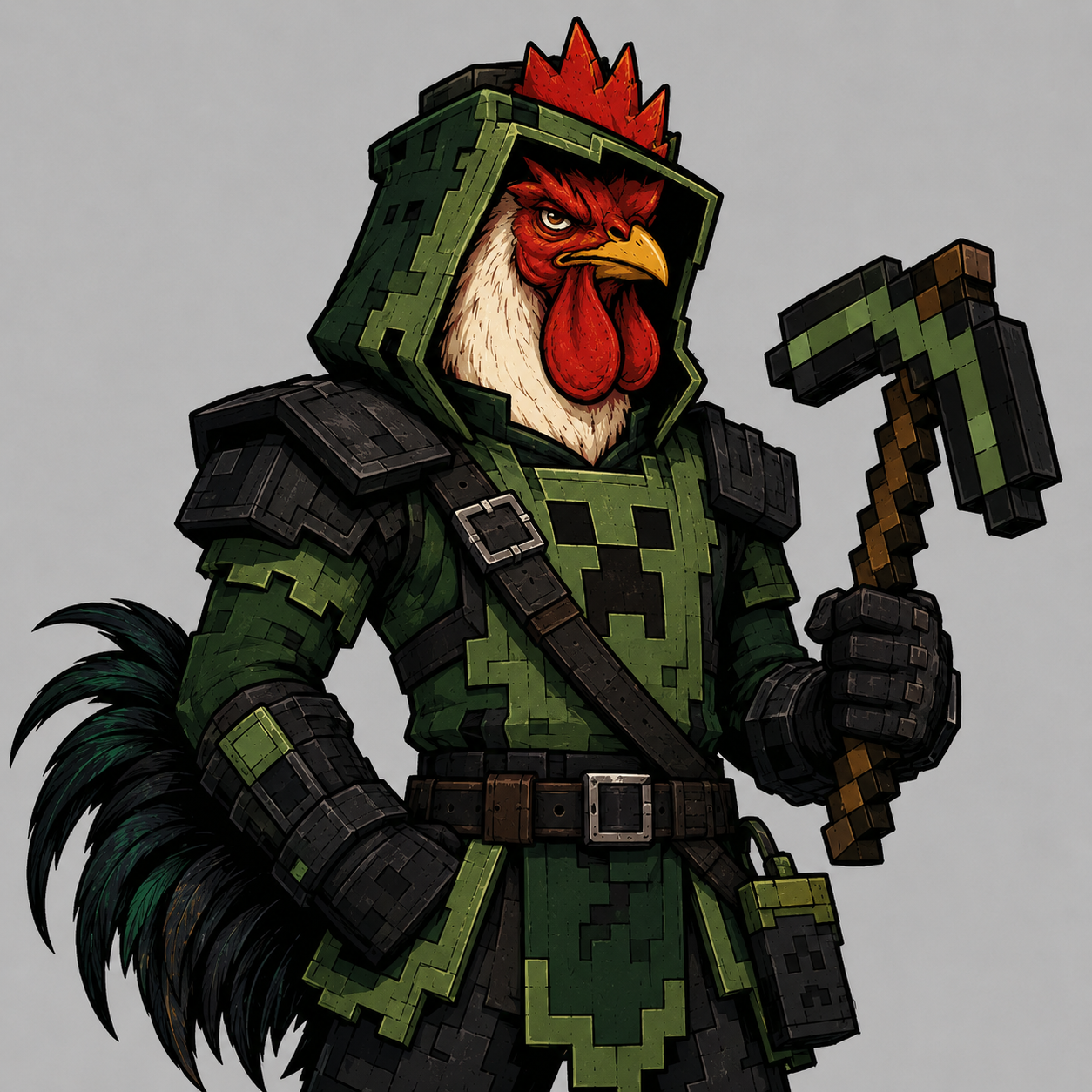 TALVX13 rooster wearing green and black voxel armor